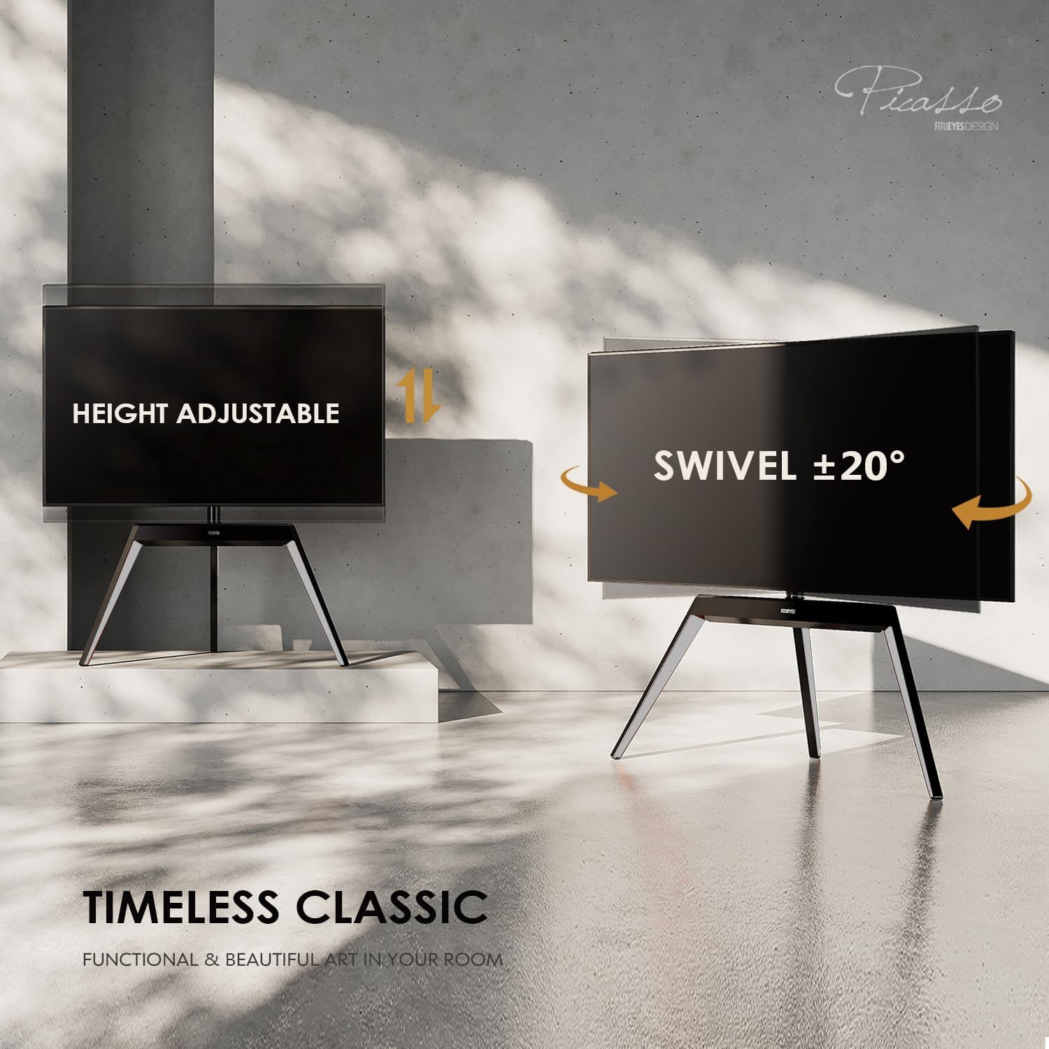 FITUEYES Picasso Series Corner TV Stand for 55–78 Inch TVs, Black & White, Cable Management