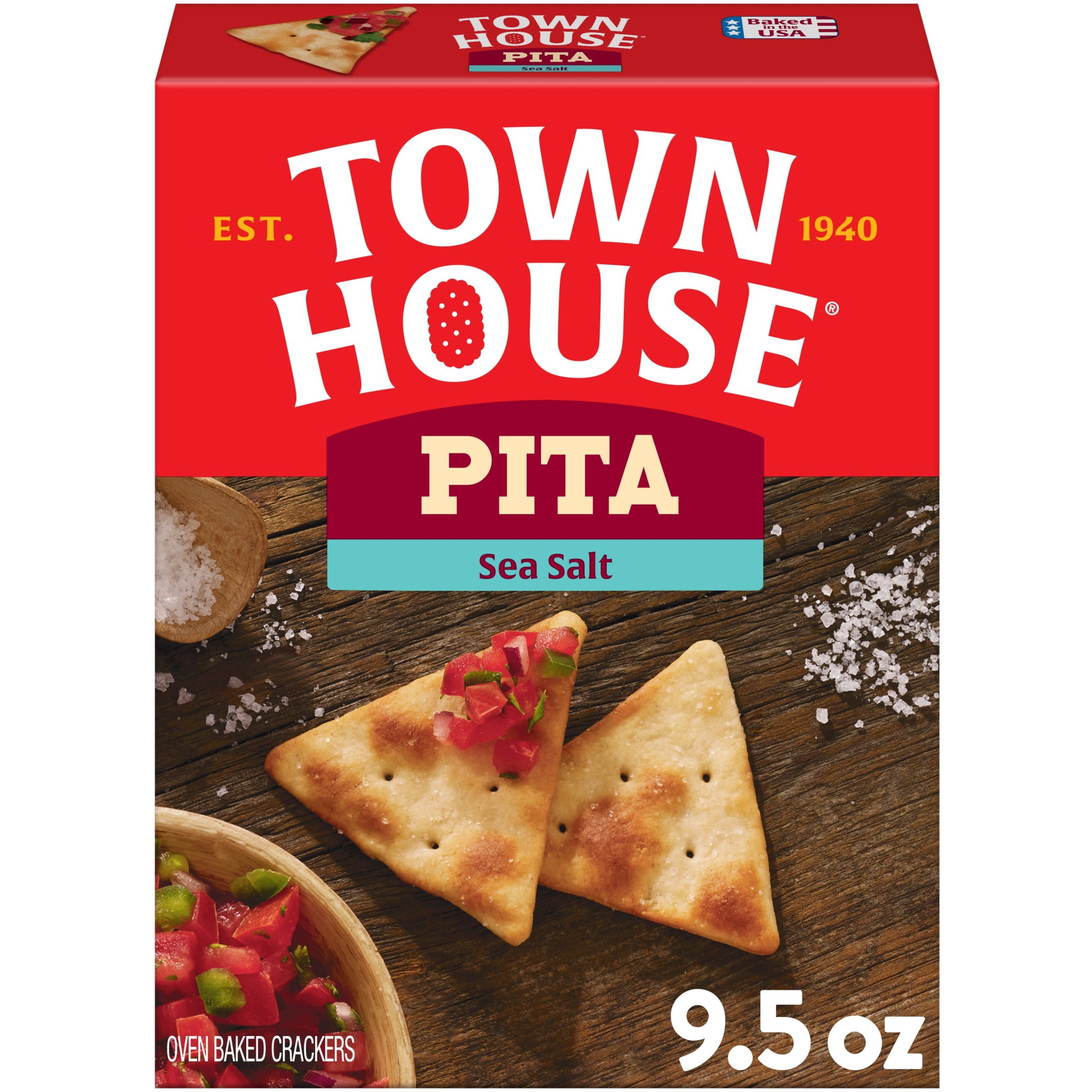 (12 pack) Town House Pita Sea Salt Oven Baked Crackers, Salty Snacks, 9.5 oz