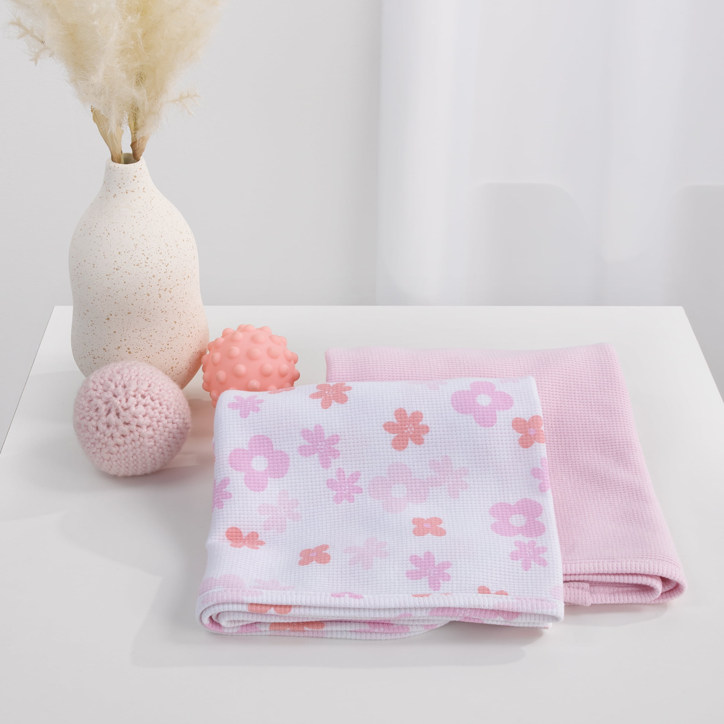 Parent's Choice Pink Floral 100% Cotton Thermal Baby Blanket, Infant Girl, 2 Pack