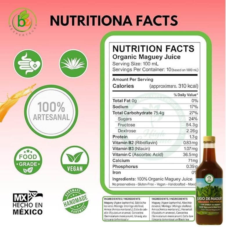 Maguey Jugo(Juice) w/ Aloe Vera & 6 Herbs (Sábila y 6 Hierbas)–1000 ml (1 L) Pure Agave Juice – 100% Artisanal, Vegan, Non-GMO–Natural Digestive Support