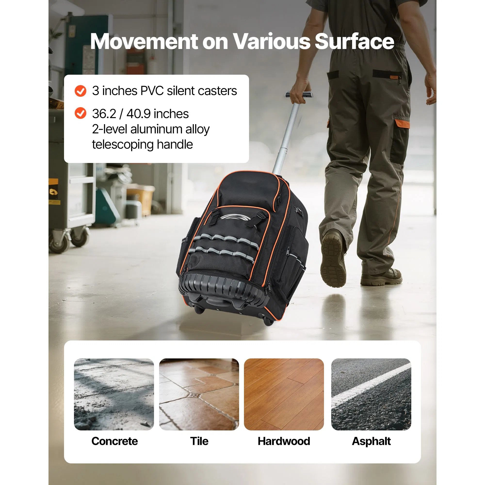 Professional heavy-duty wheeled tool backpack with 72 pockets, a rolling and portable tool bag for construction site operations.