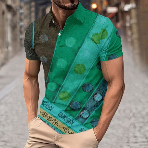 WAVSUF Men Lapel polo Shirt Soft Pique Polos for Mens Button T-Shirt Green Size M