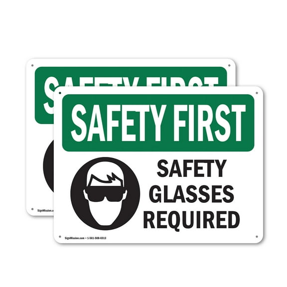 (2 Pack) Safety Glasses Required With Symbol OSHA Safety First Sign 14 Inch X 10 Inch Indoor / Outdoor Rust-Free Aluminum Metal Signs for Workplace, Workshop, and Construction Site,