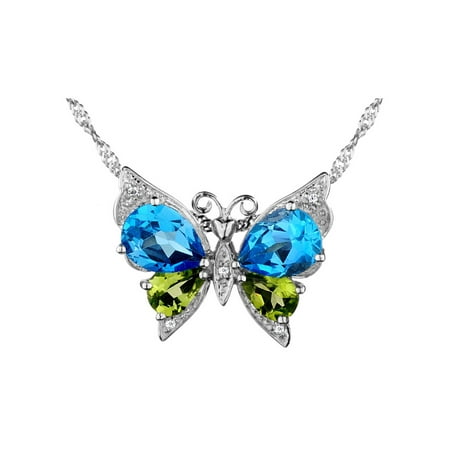Spinel White Necklace (Blue Topaz, Green Peridot and Created White Topaz Butterfly Pendant Necklace 6.00 Carats (ctw) in Sterling)