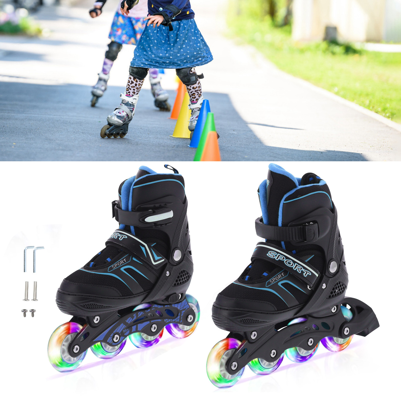 Dioche Adjustable Roller Skates,Children Adjustable Roller Skates Colorful Wheel Inline Skates