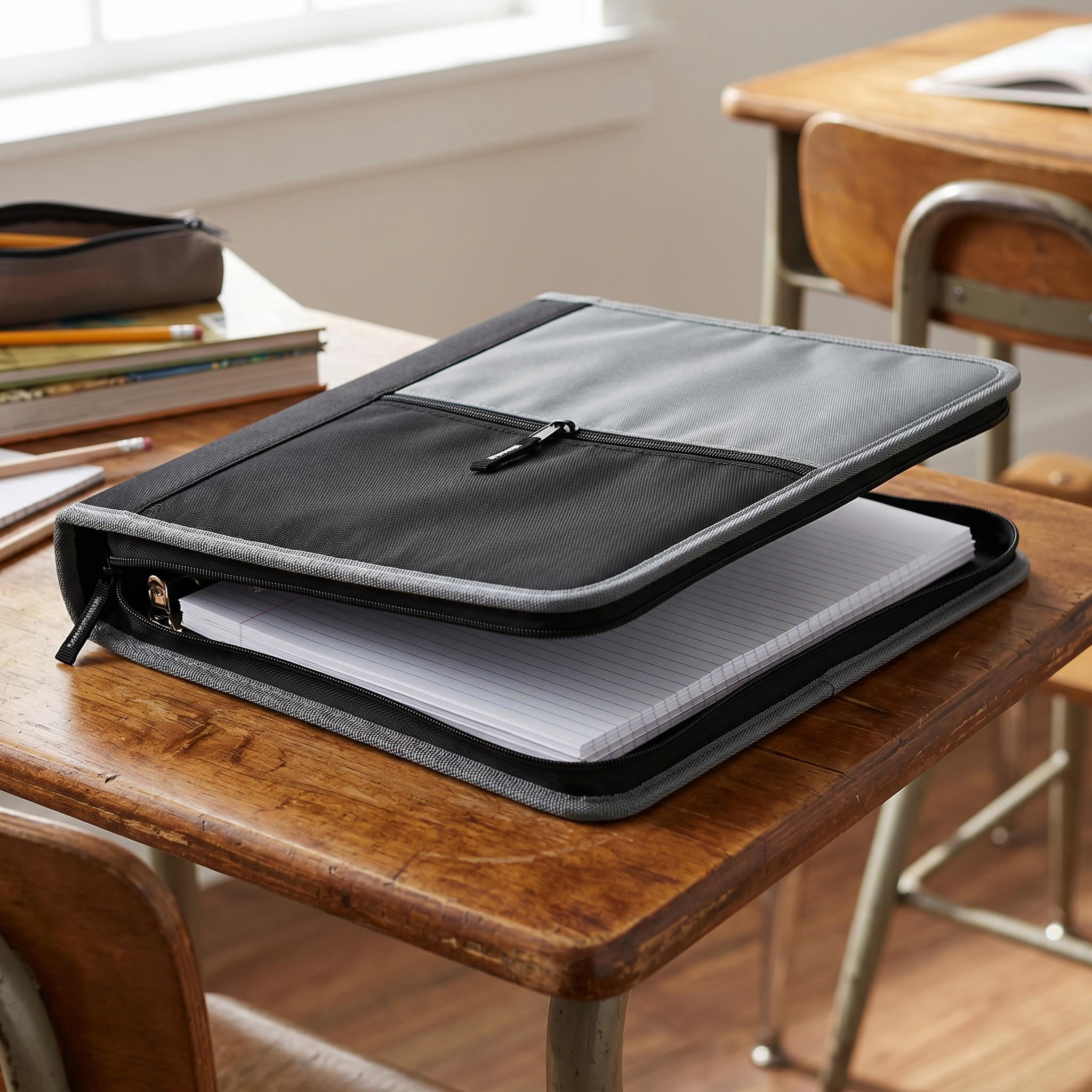 Pen+Gear 2" Round-Ring Zipper Binder, Black and Gray