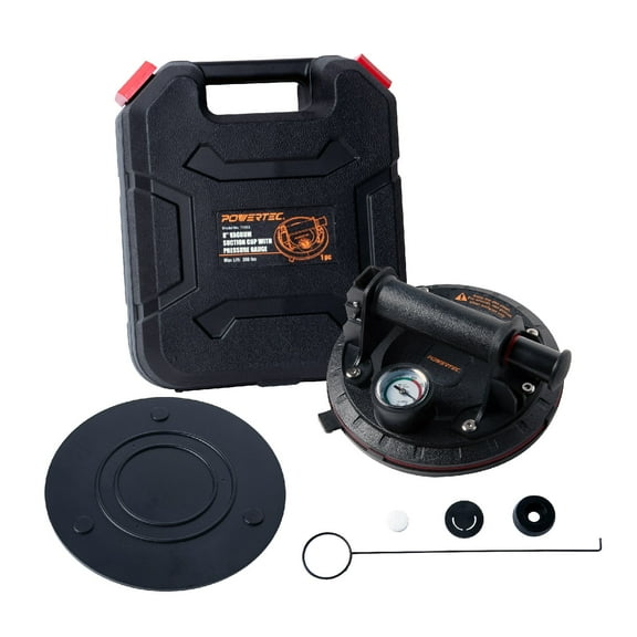 POWERTEC 8 Inch Heavy Duty Vacuum Suction Cups with Pressure Gauge & 286 lbs Load Capacity, 1 PK, Handheld Vacuum Suction Cup Lifter to Lift Large Tile, Granite, Marbles & Windshield Removal (71883N)