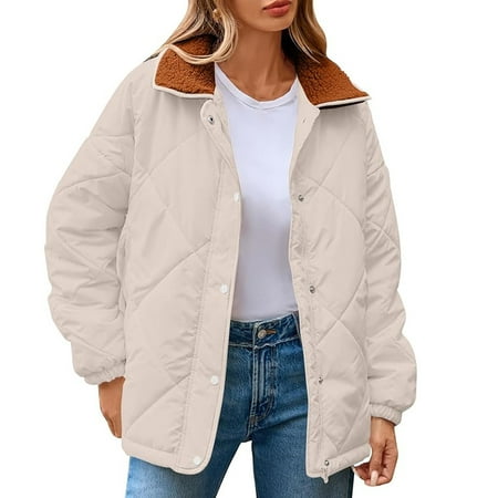 HJYCHN Jackets for Women Casual Fall Winter Long Sleeve Snap Button Collar Jacket Outerwear Lightweight Comfortable Loose Fit Coat Womens Coat Beige XXL