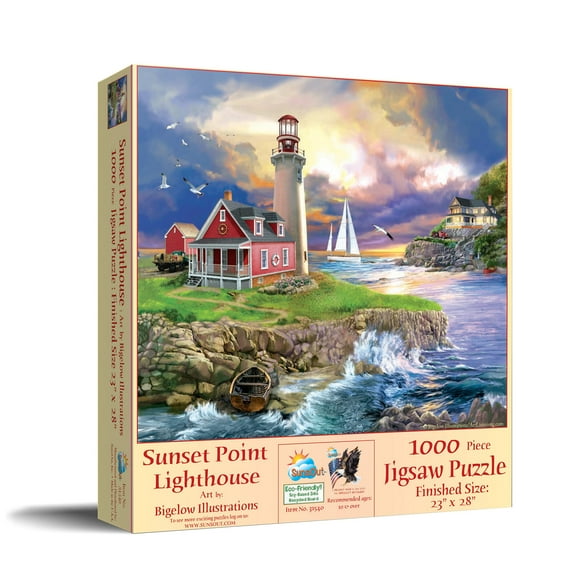 SUNSOUT INC - Sunset Point Lighthouse - 1000 pc Jigsaw Puzzle by Artist: Bigelow Illustrations - Finished Size 23" x 28" - MPN# 31540