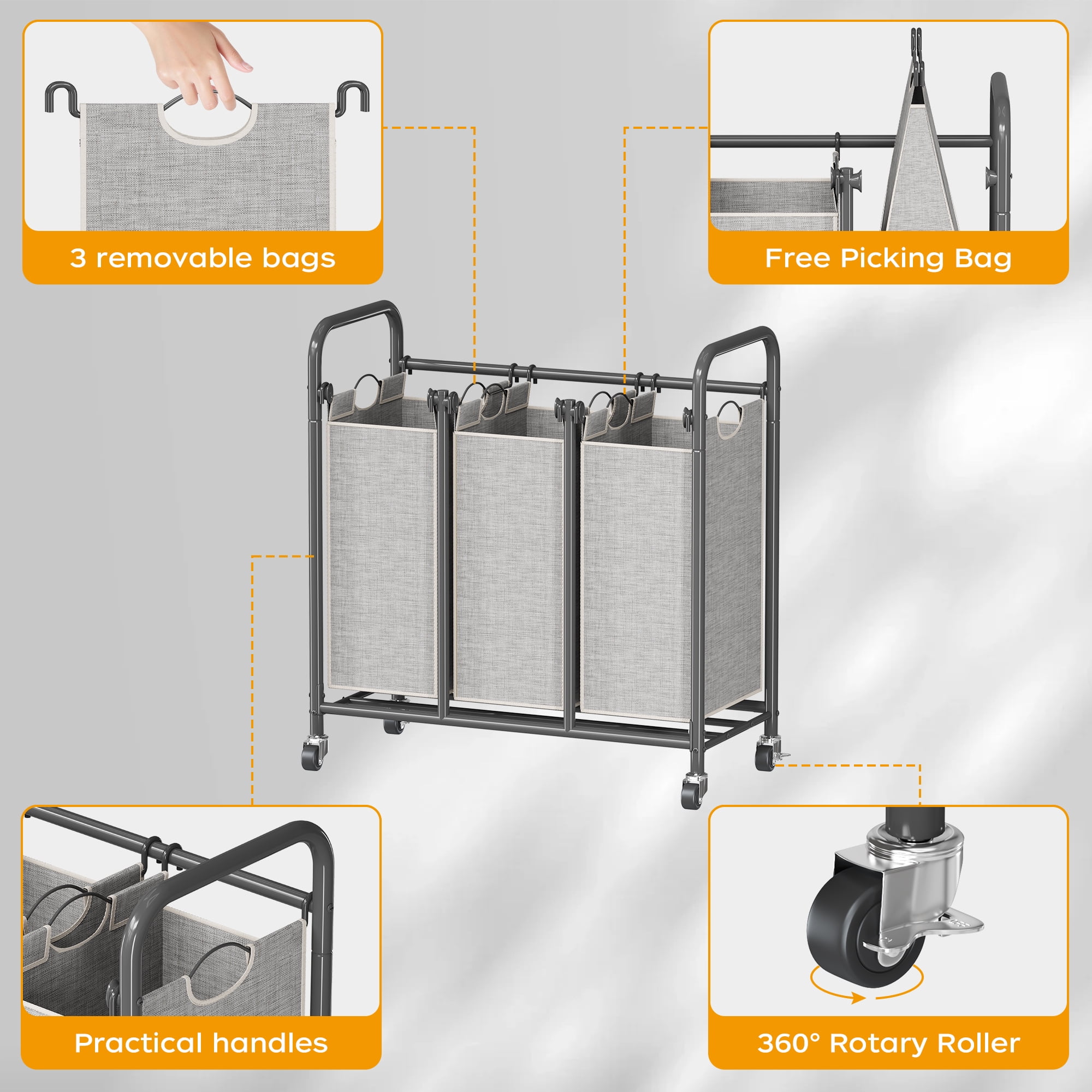 3-Bin Metal Laundry Hamper Cart with Wheels Laundry Sorter Organizer