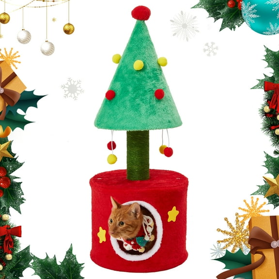May in Color Cat Christmas Tree Tower for Indoor Cats – Small Space Cat Tree with Scratching Posts, Cozy Bed & Holiday Design