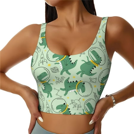 Jgfou Cute Dinosaurs in Space Print Womens Sports Bra - Padded Workout Sports Bras Crop Tank Top