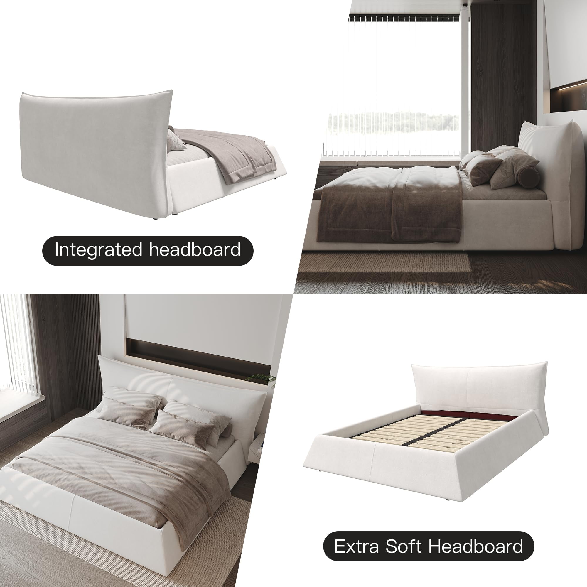 FIRSCOOK Luxury King Upholstered Platform Bed Frame with Headboard for Adults, Beige