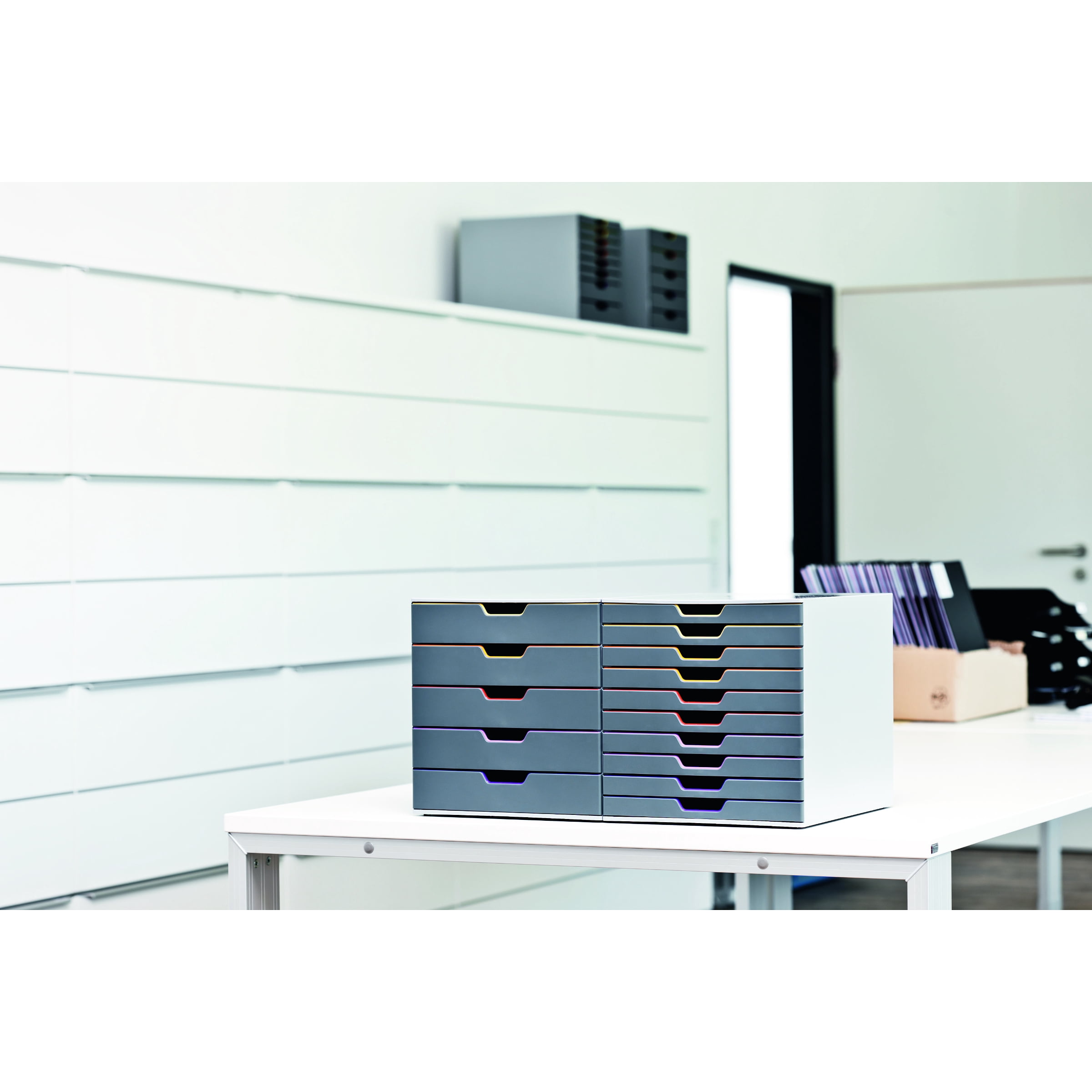 DURABLE Desktop Drawer Organizer (VARICOLOR 7 Compartments with Removable Labels) 11" w x 14" d x 11.375" h, Gray & Multicolored (760727)