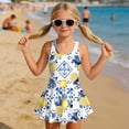 thumbnail image 3 of COEQINE Girls One Piece Bathing Suit, Scoop U-Neck & V Back Playful Swimsuit with Attached Skirt, Beach Swim Dress for Kids Age 5-6, Machine Washable, Vintage Lemon Floral Blue, 3 of 8