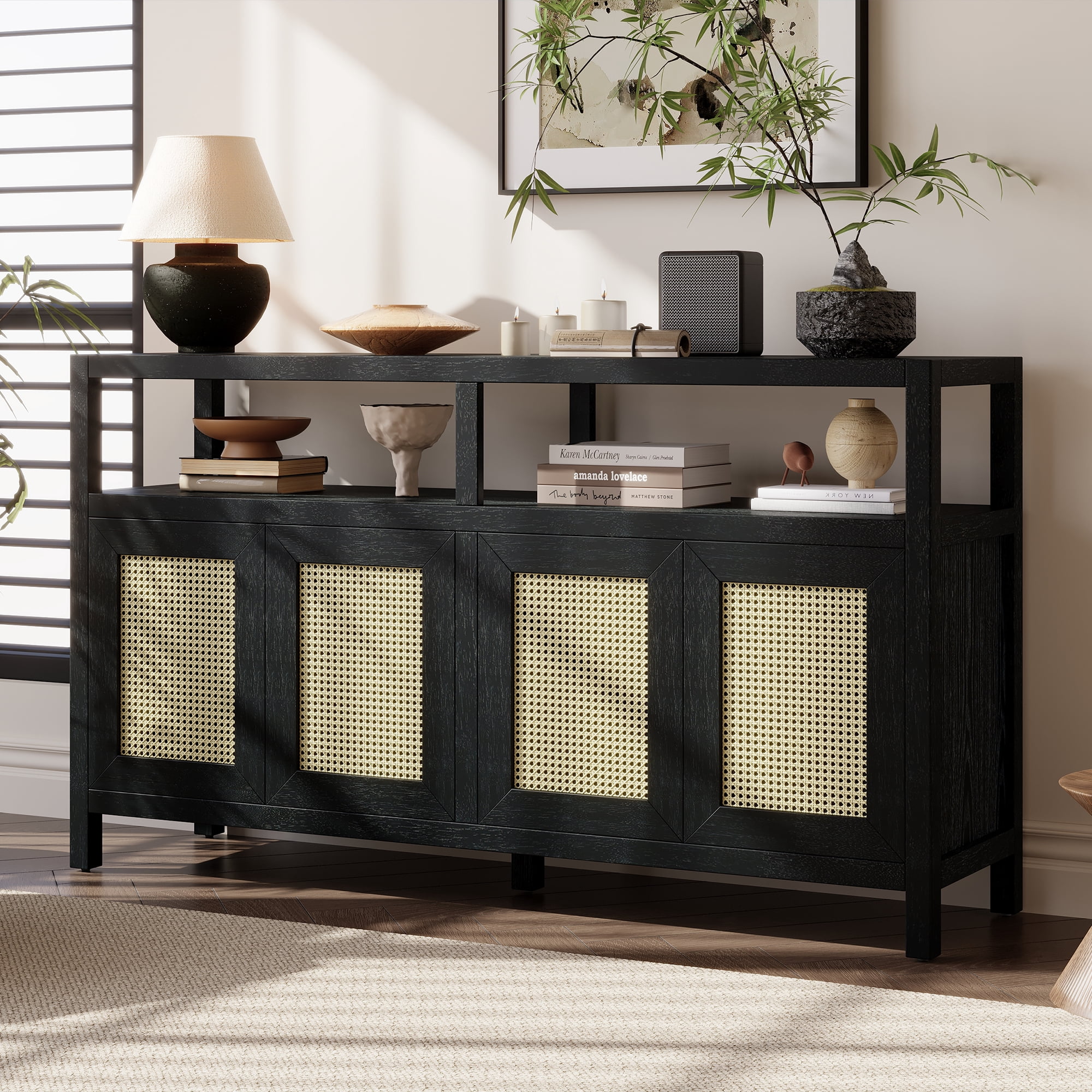 Aukfa Rattan Buffet Storage Cabinet,TV Cabinet for Living Dining Rooms,Bohemian Style,Black