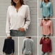 thumbnail image 5 of Blusa cepillada para mujer, camisa con cuello en V, manga larga, hombros caídos, con botones, sudade Abanopi Beige/Medio, 5 of 7