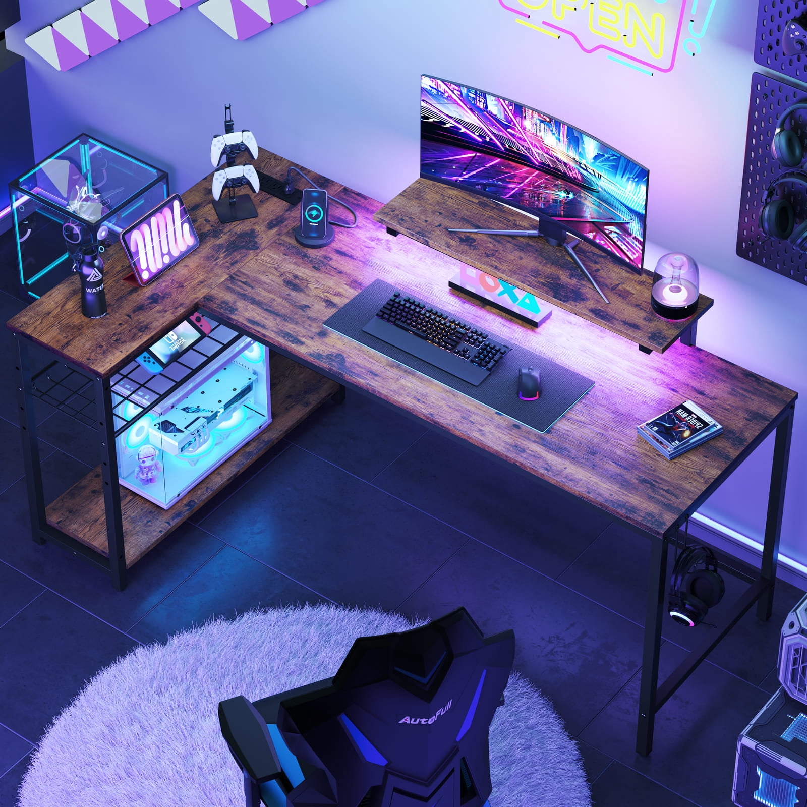 Bestier 58" Computer Desk with LED Lights L Shaped Corner Desk with Power Outlet & Monitor Stand Home Office Desk, Rustic