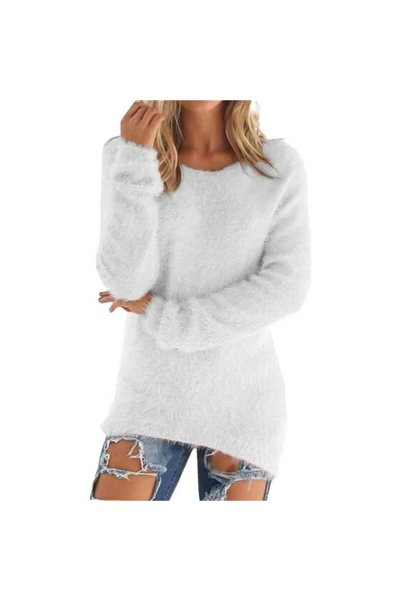 Women's Fashionable Long Sleeve Pullovers Loose Fuzzy Jumper Sweater White M