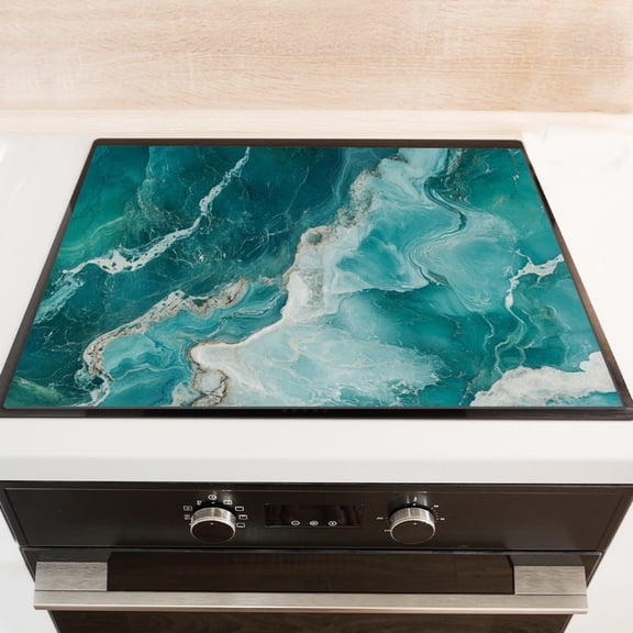 Square Gas Stove Cover, Blue White Marble Glass Induction Protector Cooktop Mat, Non-slip Foldable Modern Decoration Pad for Kitchen RV (28×20 Inch)