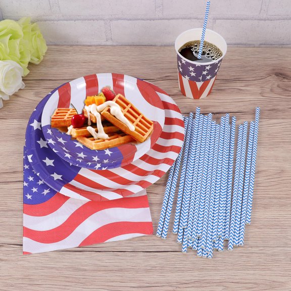 WHAMVOX  69 Pcs Paper Cup Plate Red White Blue Decorations Flag Party Patriotic Serving Dishes