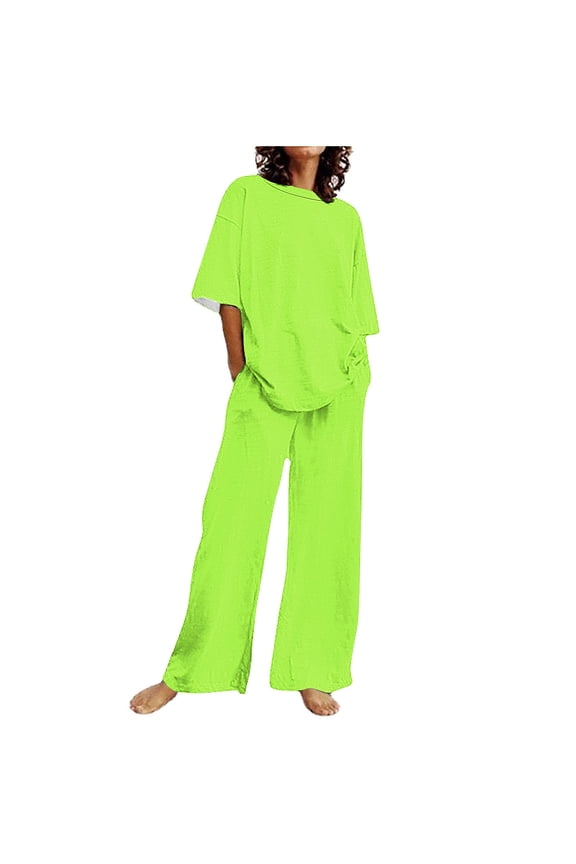 Plus Size Summer Outfits for Women Cotton Linen 2 Piece Lounge Sets T Shirts Straight Leg Pants Tracksuits