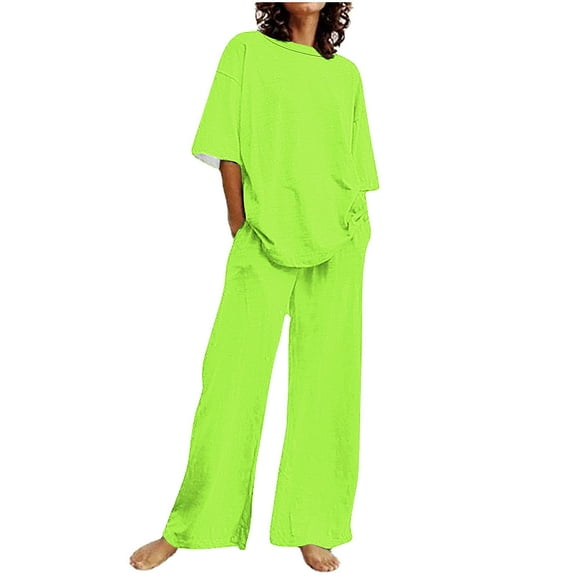 LLYWEY Womens Summer 2 Piece Outfits, Women’s Plus Size Casual Round Neck Short Sleeve Tops & Wide Leg Pants Two Piece Outfits Sets for Travel Vacation New-2 Green 4XL