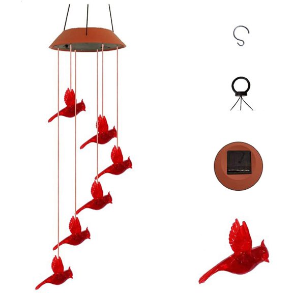 KOMOO Color Changing Solar Powered Red Cardinal Bird Wind Chime Wind Moblie LED Light Spiral Spinner Windchime Portable Outdoor Chime for Patio Deck Yard Garden Home