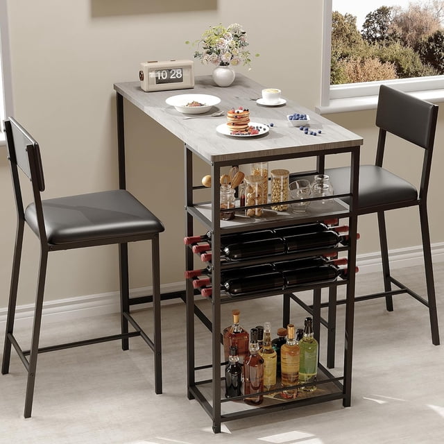 EDTara 3 Piece Dining Table Set, Space-Saving Rectangle Table With 4-Tier Storage Shelves, 2 Faux Leather Chairs, Wine Rack, and Cup Holder for Kitchen, Studio, or Small Dining Areas