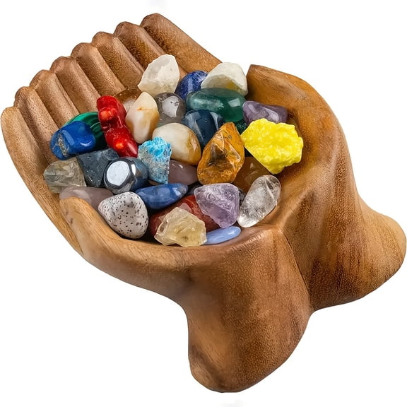 Wooden Hand-Shaped Bowl for Crystals, Jewelry, Trinkets, Carved Decorative Case Dish for Home, Desk, or Altar Display, Crystal Holder for Stones, Rock Display Case, Bowl for Keys, Gift for Friends