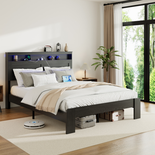 Euroco Wood King Size Platform Bed with Storage Headboard, LED Light and USB Charging Station, Black