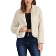 thumbnail image 1 of Abrigo de piel sintética recortado para mujer, chaqueta de invierno de moda, frente abierto, solapa con muesca, manga larga, abrigo esponjoso, talla M, caqui claro, 1 of 6