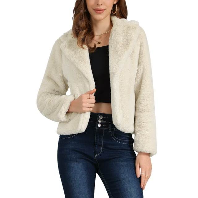 Abrigo de piel sintética recortado para mujer, chaqueta de invierno de moda, frente abierto, solapa con muesca, manga larga, abrigo esponjoso, talla M, caqui claro
