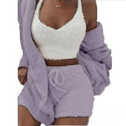 2022 New Autumn Winter Women'S Velvet Pajamas Set Crop Top+Long Pants+Coat 3 Pieces Suit Warm Soft Fleece Homewear Pyjamas