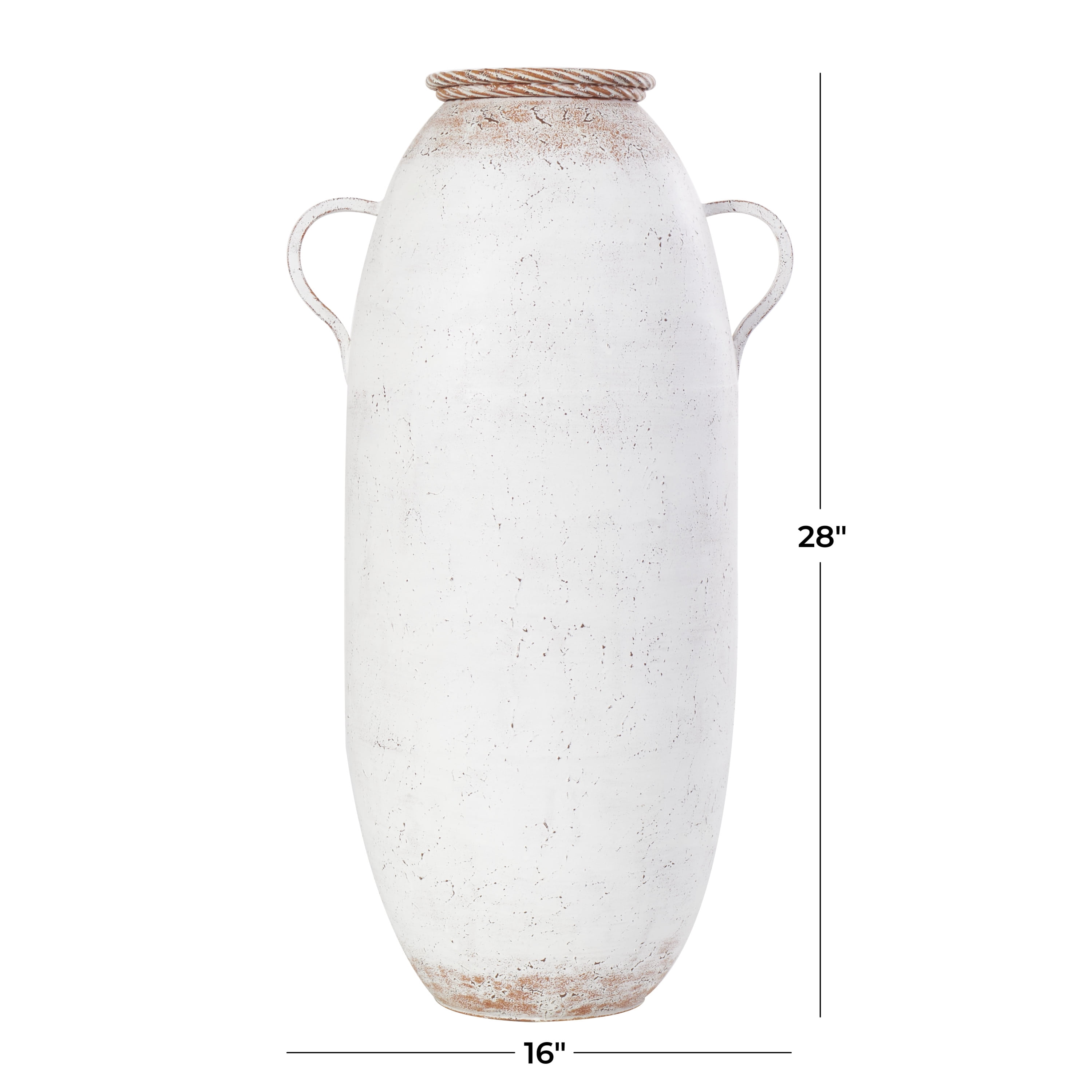DecMode 28" Antique Style White Metal Vase with Terracotta Accents and Handles