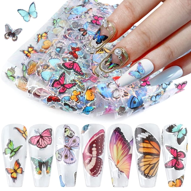 Stickers de Papel Transferible para Uñas con Mariposas Holográficas Onsdag - 10 Rollos