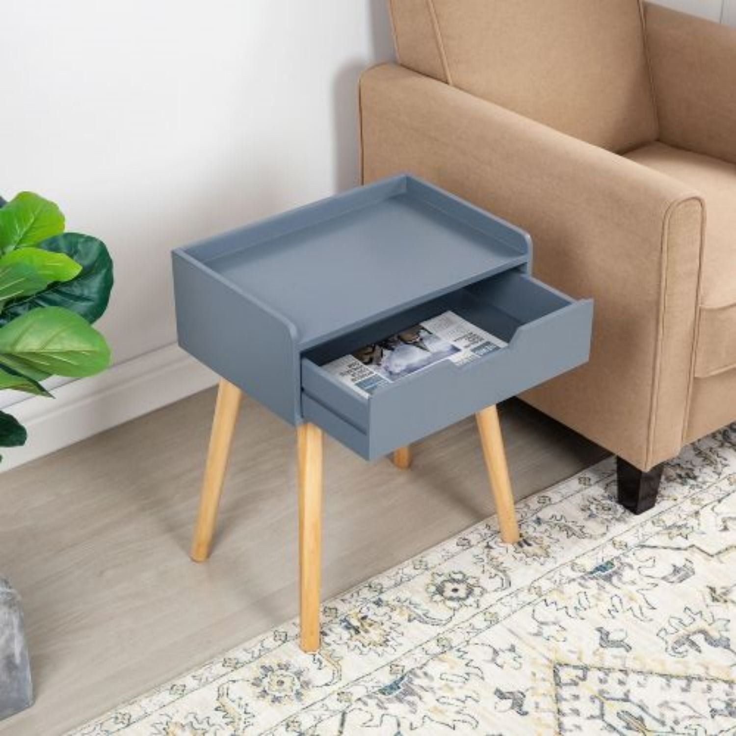 Cmgb Wooden End Table, Floating Shelf Side Table with Storage Drawer