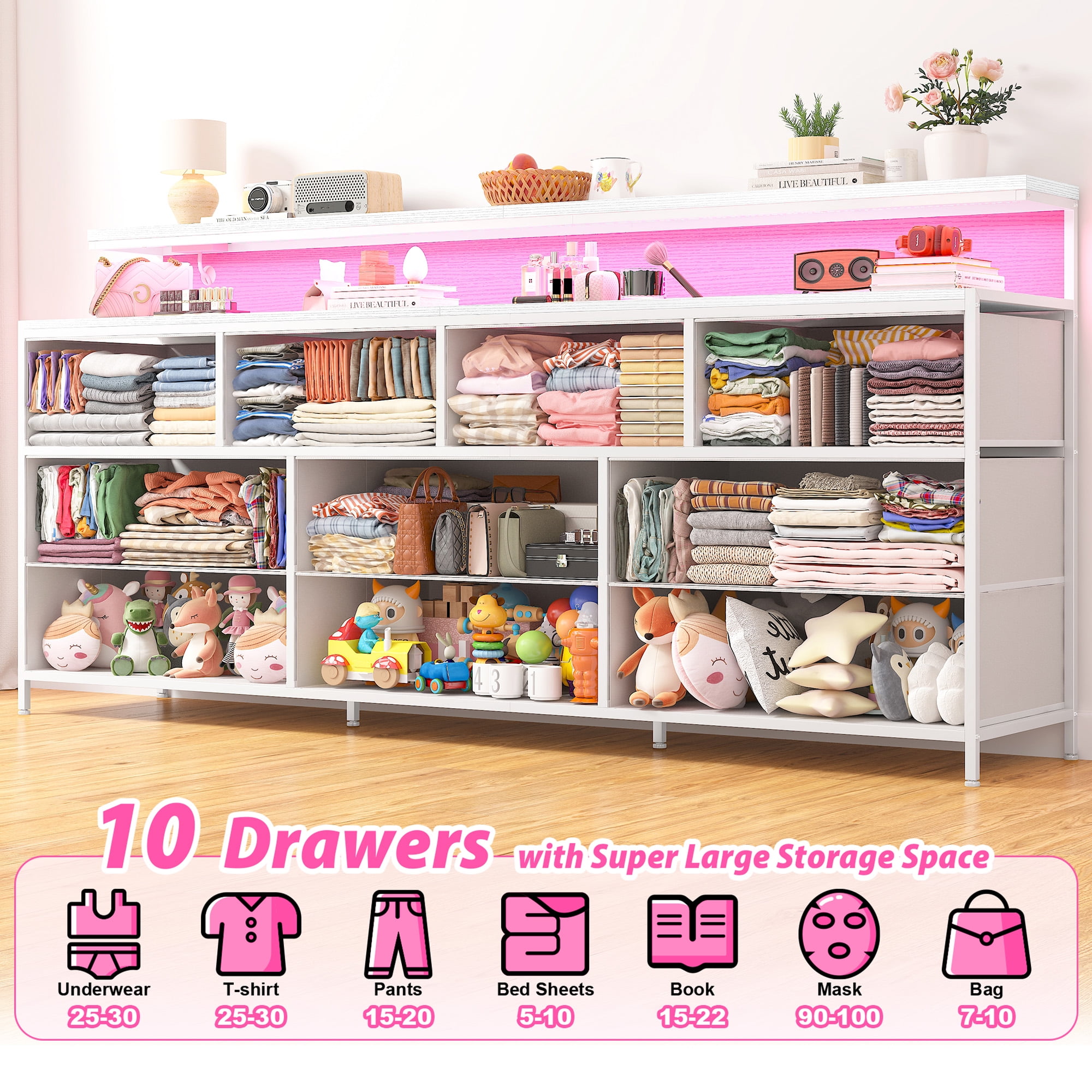 EnHomee White 55"Long Dresser for Bedroom 10 Drawers LED Dresser with charging station Fabric Dressers & Chests of Drawers,11.6"W x 55"L x 31.5"H