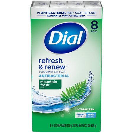 Dial Antibacterial Bar Soap, Refresh & Renew, Mountain Fresh, 4 oz, 8 Bars