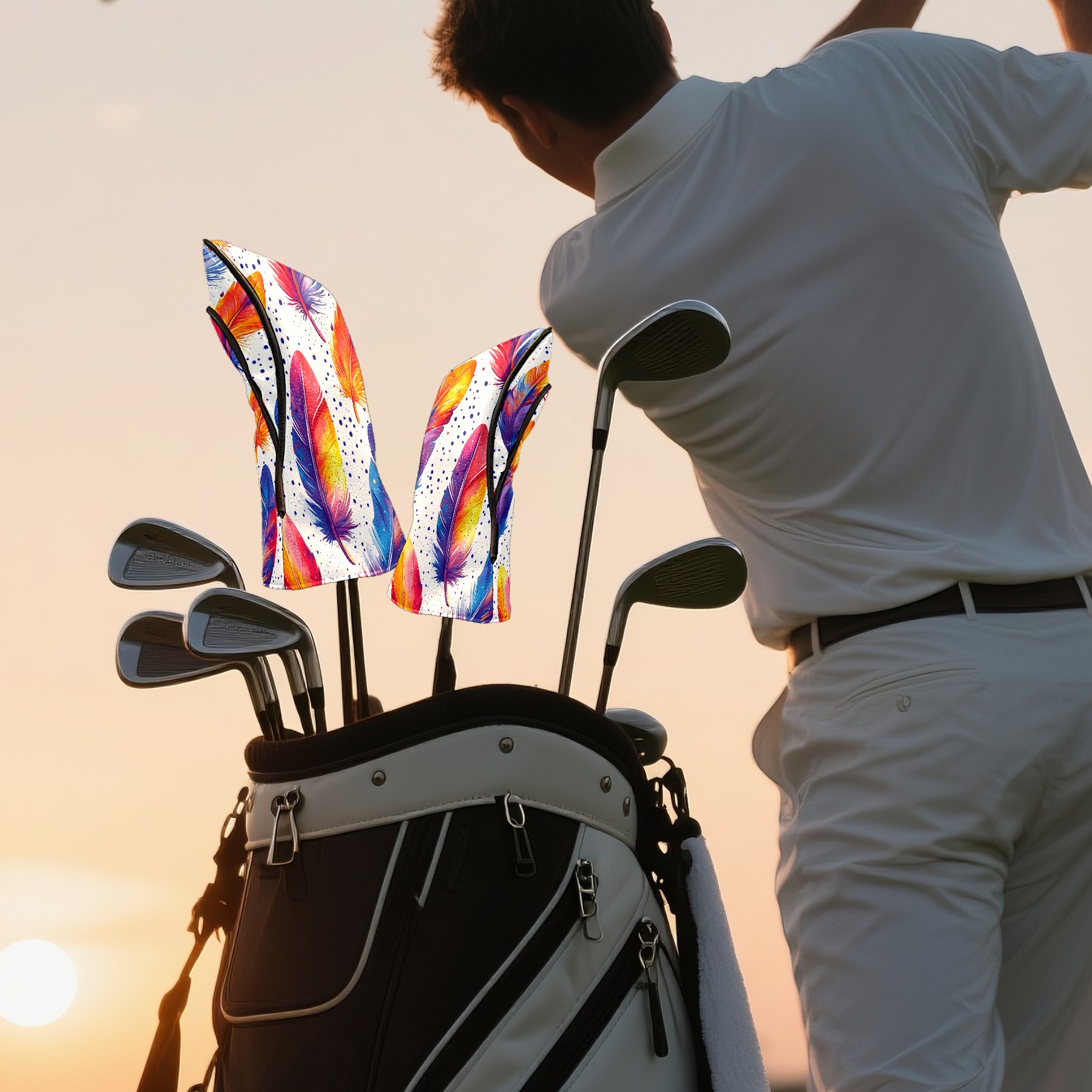 Golf Club Covers, Rainbow Feathers Premium PU Leather Driver Hybrid Putter Head Covers with Velvet Lining, Waterproof Golf Gifts for Men Women