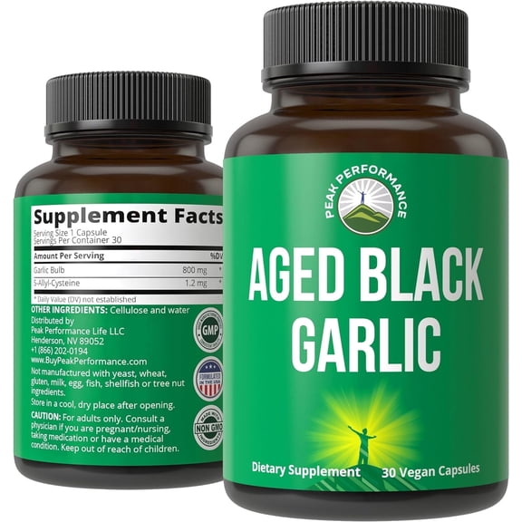 Peak Performance Aged Black Garlic Capsules. Raw Vegan Pure Odorless Extract Supplement Pills for Cholesterol, and Immune Support. from Garlic Bulb with S-Allyl Cysteine and Antioxidants