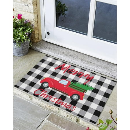 

Indoor Outdoor Mats Merry Christmas Farm Truck with Christmas Tree Black Buffalo Plaid Door Mat Non-Slip Absorbent Resist Dirt Entrance Mat Washable Welcome Mats for Entryway Low-Profile Floor Mats
