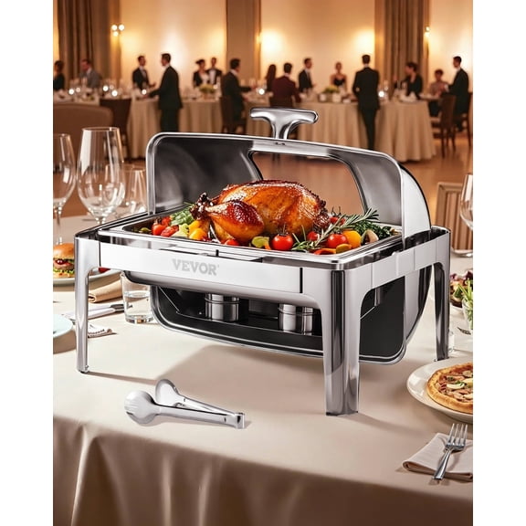 VEVOR Roll Top Chafing Dish Buffet Complete Set, 9 Qt 1 Pack Stainless Steel Chafer with 2 Half Size Pans,Rectangle Catering Warmer Server with Visible Lid Water Pan Folding Stand Fuel Holder,Silver