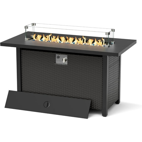 SUNCROWN Outdoor Fire Pit Table, 45in 50,000 BTU Wicker Patio Propane Gas Fire Pit with Glass Wind Guard, Aluminum Tabletop, Firepit Lid, Blue Clear Glass Rocks and Waterproof Cover, Black