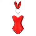 thumbnail image 2 of BLTIBY Women's Bunny Girl Bodysuits Solid Color Halloween Costume Cosplay Bodysuit Bunny Headband Set Strapless Back Lace Up Corsets Red M, 2 of 9