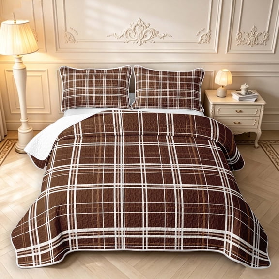 Manfei Classic Checkered Twin Quilt Set,Rustic Plaid Twin Coverlet Set,Brown White,2 Pieces,1 Bedspread and 1 Pillowcase