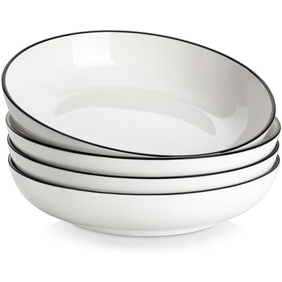 10" Large Pasta Bowls, 56 OZ White Salad Bowls Soup Bowls, Porcelain Serving Bowls Set of 4, Ivory White & Black Rim, Microwave & Dishwasher Safe, Series REGULAR