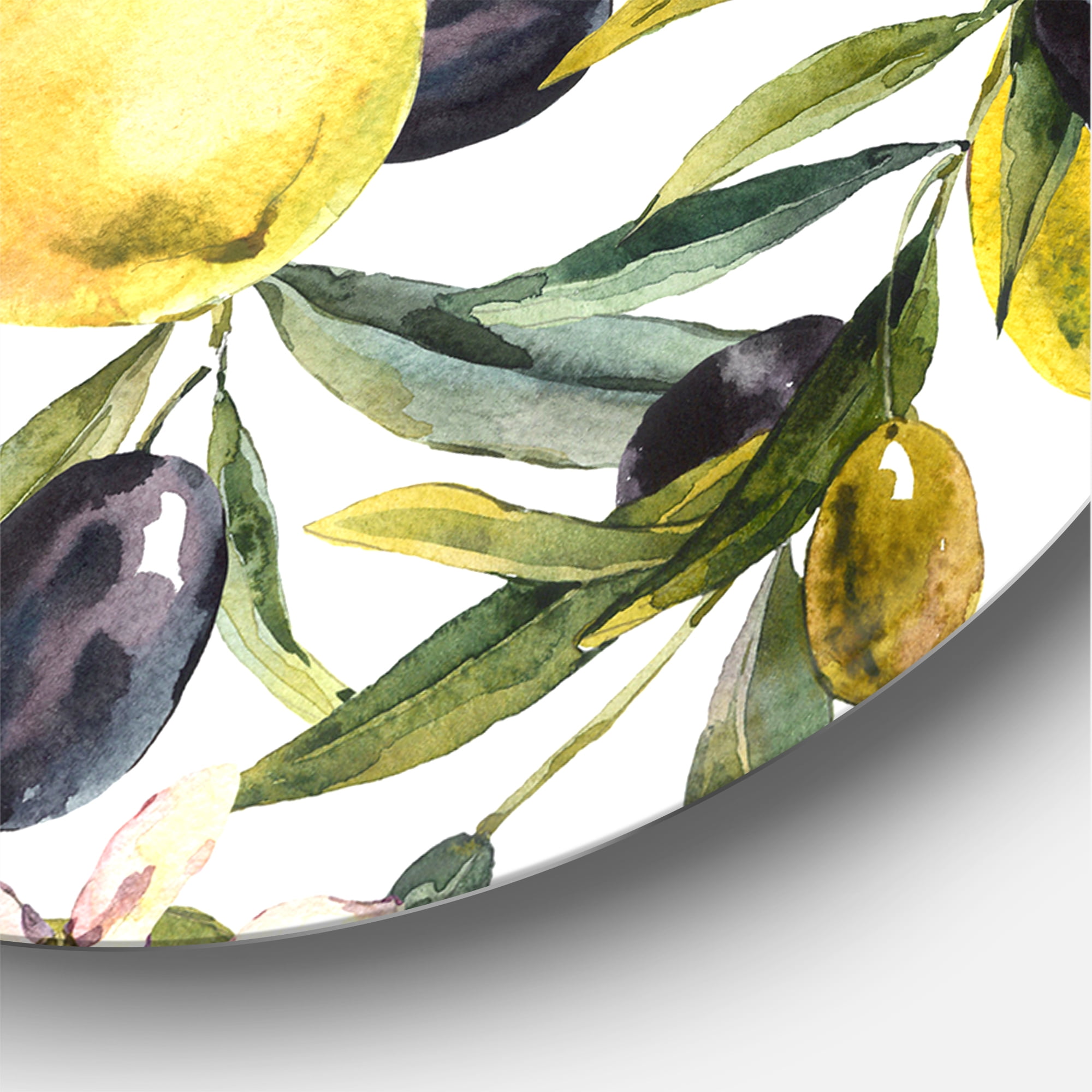 Designart 'Olive and Lemon Branches I' Tropical Circle Metal Wall Art 11x11 - Disc of 11