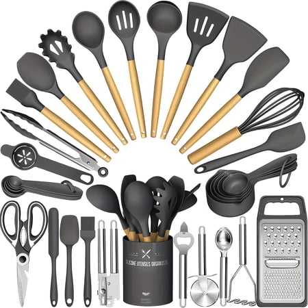 Kitchen Utensils Set- 34pcs Silicone Cooking Utensils with Holder Heat Resistant Kitchen Utensil Spatula Set for Nonstick Cookware Black Wooden Handles Kitchen Gadgets Tools Set Father Gift