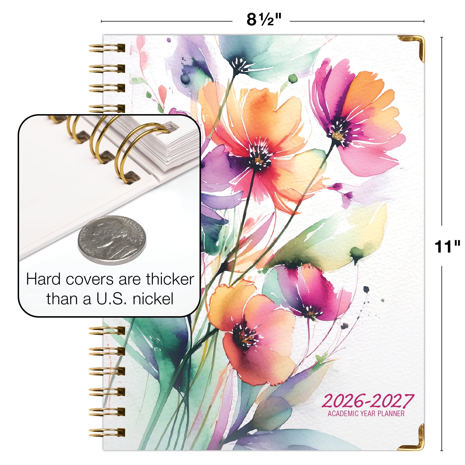 2026-2027 Excello Brands 8.5" x 11" Academic Year Hardcover Fashion Planner, Weekly/Monthly, 14 Month, Rainbow Floral